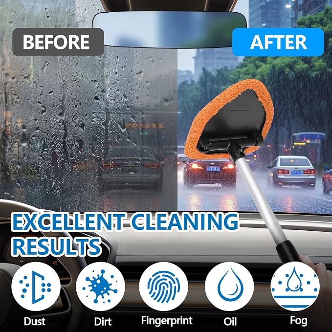 Car Windshield Cleaning Tool, Car Windshield Window Cleaner, Auto Window Glass Cleaning Kit with Extendable Handle & Reusable Microfiber Pad & Spray Bottle, Universal Car Accessories (Orange)