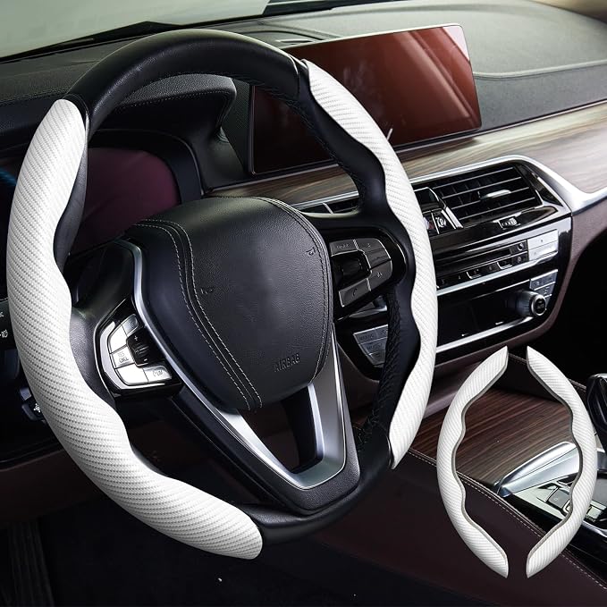 2pcs Car Steering Wheel Cover,Anti-Skid Carbon Fiber Steering Wheel Protector for Men Women,Multiple Color Options,Universal for Most Car Interiors Accessories (White)