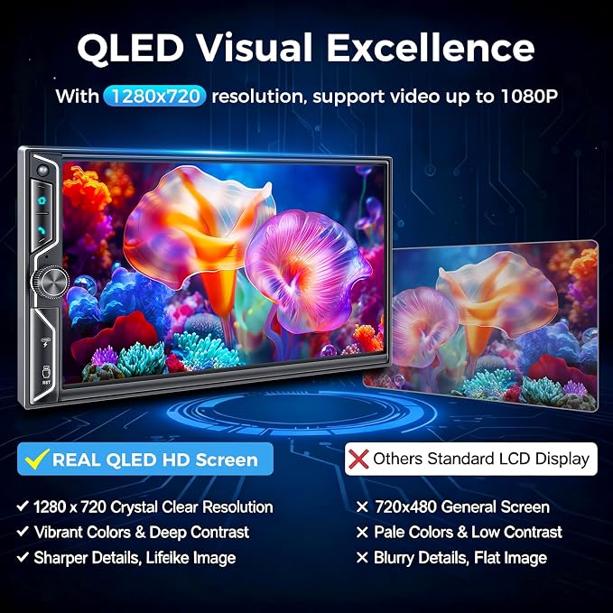 7" QLED Double Din Car Stereo Compatible with Wireless Apple CarPlay & Android Auto, 240W 4.2CH Dual Subwoofer Out, Dash Cam & Backup Camera Included, Bluetooth, Mirrorlink, FM/AM Car Radio