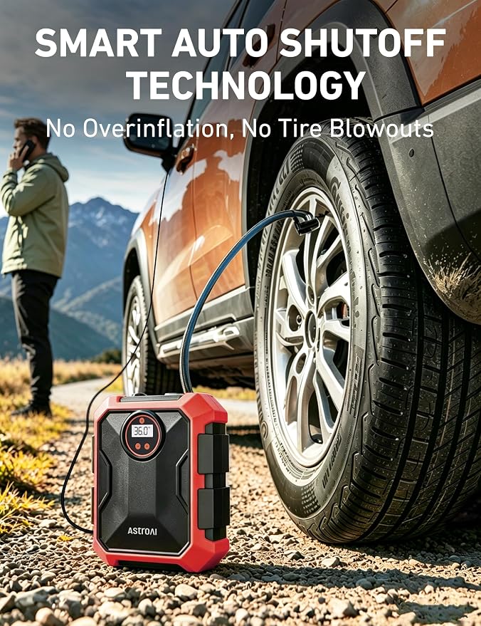 Tire Inflator Portable Air Compressor 12V DC 100PSI, Integrated Storage, Digital Gauge, Auto Shut-Off Fast Inflation LED Light, Air Pump for Car Tires Bike Motorcycle Other Inflatables, Red