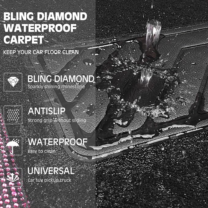 Bling Diamond Leather Steering Wheel Cover 14.5in-15in Floor Mats Shining Rhinestone Carpet Sparkly Glitter Crystal Anti-Slip Pad Fit Automotive SUV Pickup Truck Girl Women, 5pcs Black Pink