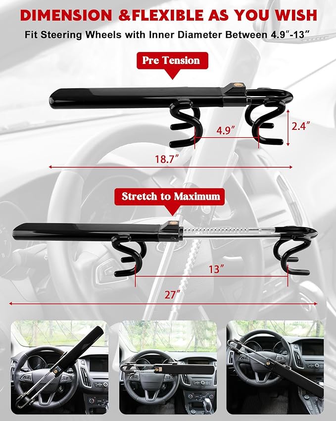 Steering Wheel Lock Anti-Theft Car Device Heavy Duty Security Car Lock Antitheft Locking Devices Great Deterrent Adjustable Car Wheel Lock Anti Theft for Vehicle Truck with 3 Keys(Black)