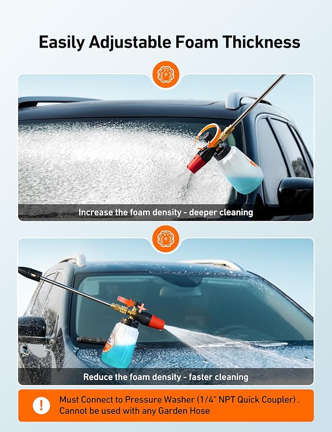 Foam Cannon, Heavy Duty Durable Car Wash Foam Sprayer for Pressure Washer with 1/4" Quick Connector, Wide Neck Adjustable Snow Foam Lance and Thick Foam, Easy Install for Versatile, 1L Bottle