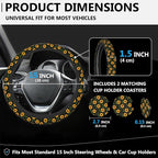 Yellow Sunflower Steering Wheel Cover for Women, Anti-Slip Car Steering Wheel Cover with 2 Pcs Cup Holders Neoprene Breathable Car Accessories Universal 15 Inch Auto Interior Decor