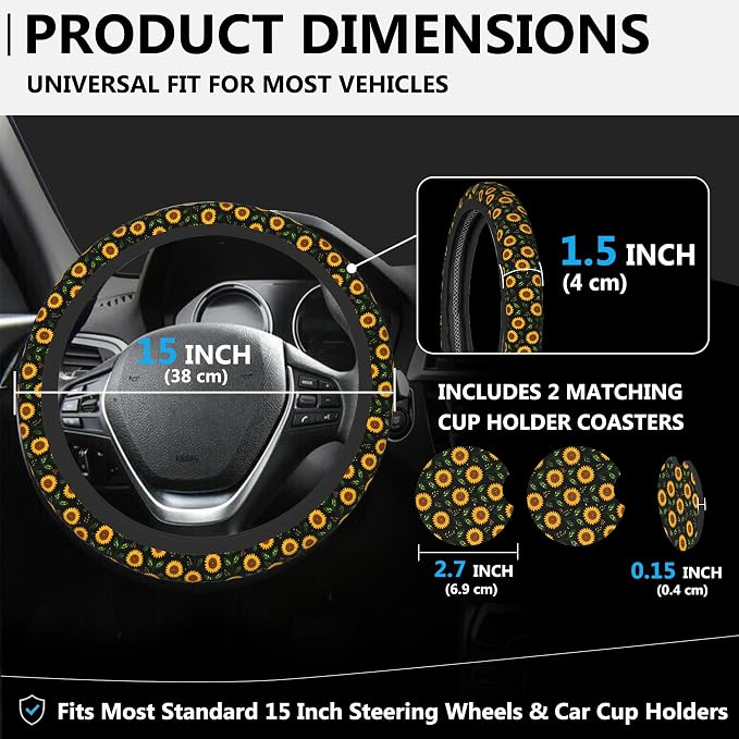 Yellow Sunflower Steering Wheel Cover for Women, Anti-Slip Car Steering Wheel Cover with 2 Pcs Cup Holders Neoprene Breathable Car Accessories Universal 15 Inch Auto Interior Decor
