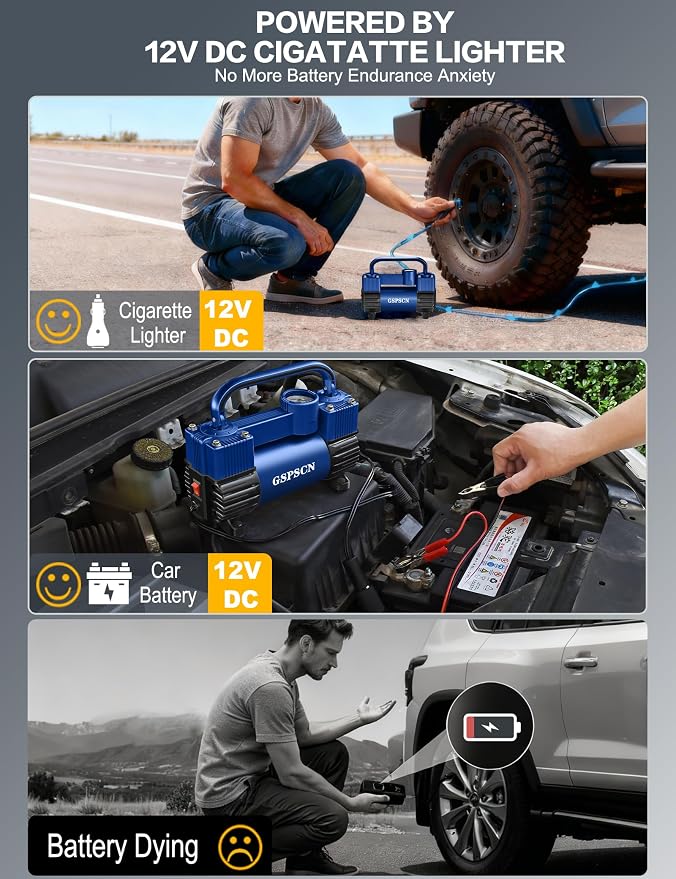 12V Heavy Duty Tire Inflator Metal Portable Air Compressor Pump | 6X Faster Inflation Double Cylinders 150PSI Air Pump with Adapter for Car, RV,Pickup Truck, SUV, Van,Camper, Air Bed,Ball