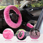 Fluffy Steering Wheel Cover 3PCS Set – Plush Fuzzy Fur Steering Wheel Cover with Gear Shift Cover & Handbrake Cover, Winter Warm Car Accessories, Car Interior Accessories for Women (Pink)