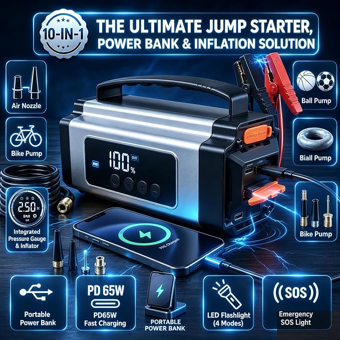 8000A Jump Starter with Air Compressor, 10-in-1 Portable Car Battery Booster and Tire Inflator Fast Charging Power Bank, Air Pump Battery Jumper Camping Road Trips Car Owner Gift