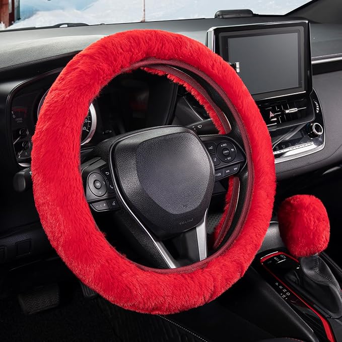 Furry Car Steering Wheel Cover with Fluffy Gear Shift Cover Soft Warm Non-Slip Car Decoration for Women Girls 2 PCS Set, Red