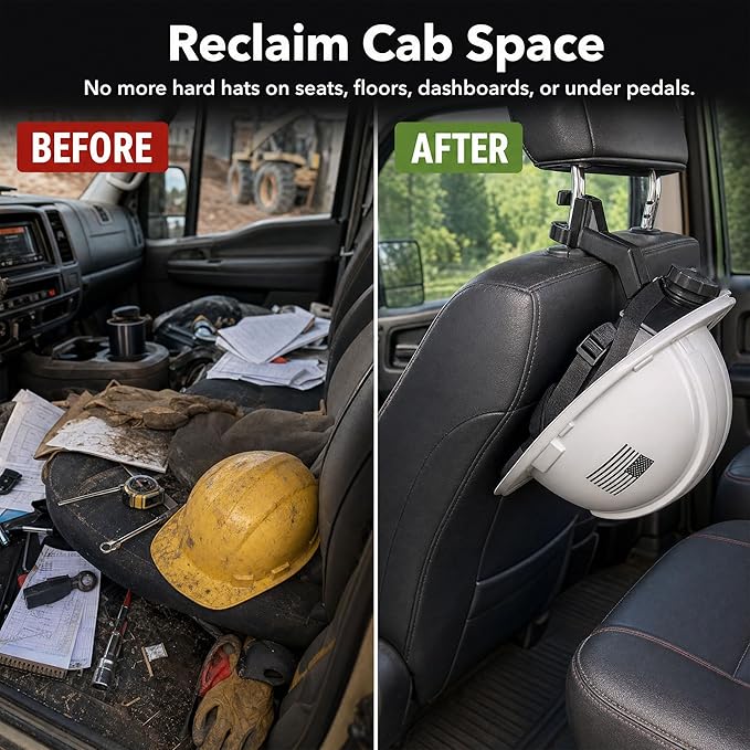 2 Pcs Hard Hat Holder for Truck Seat - 3-Second Install Headrest Hook Hanger for Hardhat and Safety Vest Storage, Hard Hat Buddy Rack Accessories for Construction, Utility & Linemen Black