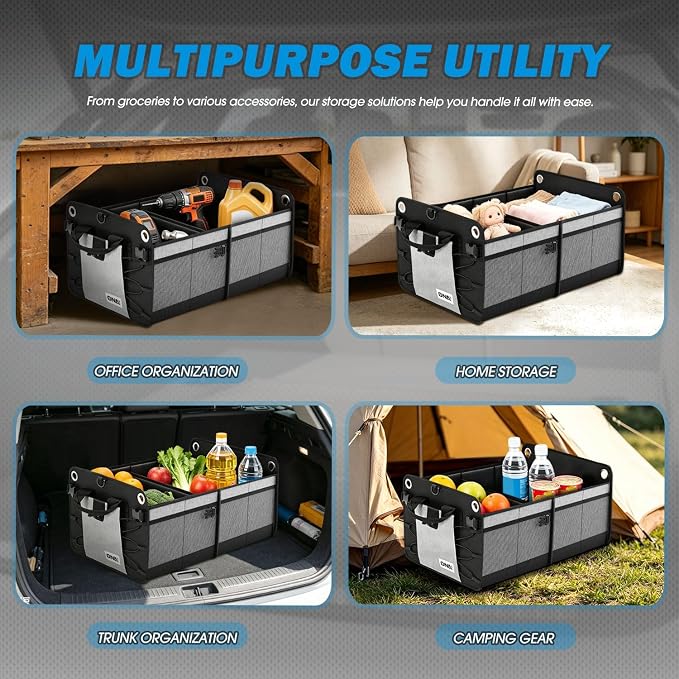 Trunk Organizer for SUV, Large Capacity Car Organizer and Storage with 2 Compartment, Foldable Trunk Organizer for Car, 70L Grey