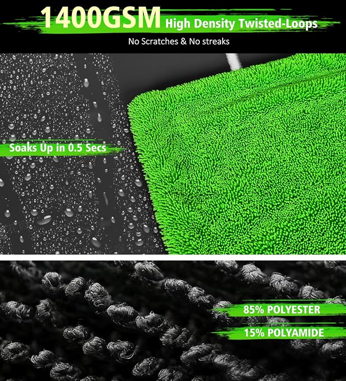 Agile Giant' Car Drying Towel, 28x36 Inch Quick Car Wash Drying Towels, 1400 GSM Super Absorbent, Double Sided Microfiber Towels for Cars Effortless & Scratch-Free Detailing, Green