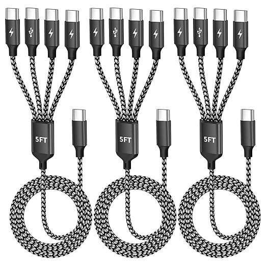 USB C Splitter Multi Charging Cable 3Pack, Dual Type C Charger Cord,4 in 1 Multiple Nylon Braided Cable with 4 Type-C Connectors Compatible with iPhone 17 16 Pro Max/Galaxy/Tablets/Google 5FT