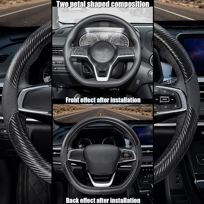 D Shaped Steering Wheel Cover, Flat Bottom Car Wheel Cover 14 1/2-15 inch (37-39 cm), Non-Folding Packaging, Microfiber Leather, Black with Carbon Fiber Pattern