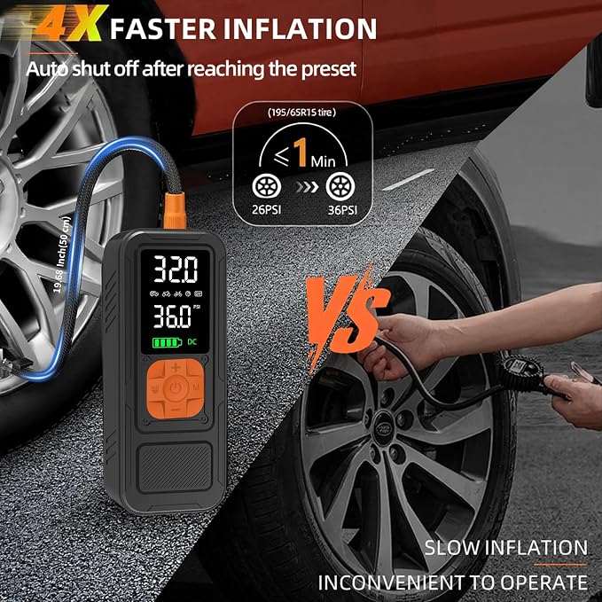 Y34 Tire Inflator Portable Air Compressor,4X Faster Inflation,6000mAh Cordless/12V DC 150PSI Air Pump for Car Tires with Digital Pressure Gauge/LED Light for Car,Motorcycle,Bike,Ball