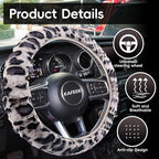Elastic Long Microfiber Plush Steering Wheel Cover for Winter Warm, Universal 15 inch, Anti-Slip, Odorless, Leopard Gray