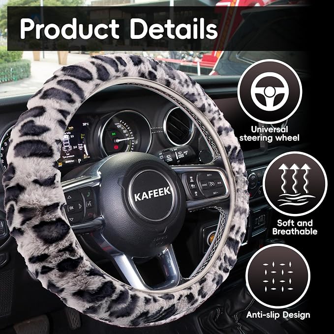 Elastic Long Microfiber Plush Steering Wheel Cover for Winter Warm, Universal 15 inch, Anti-Slip, Odorless, Leopard Gray
