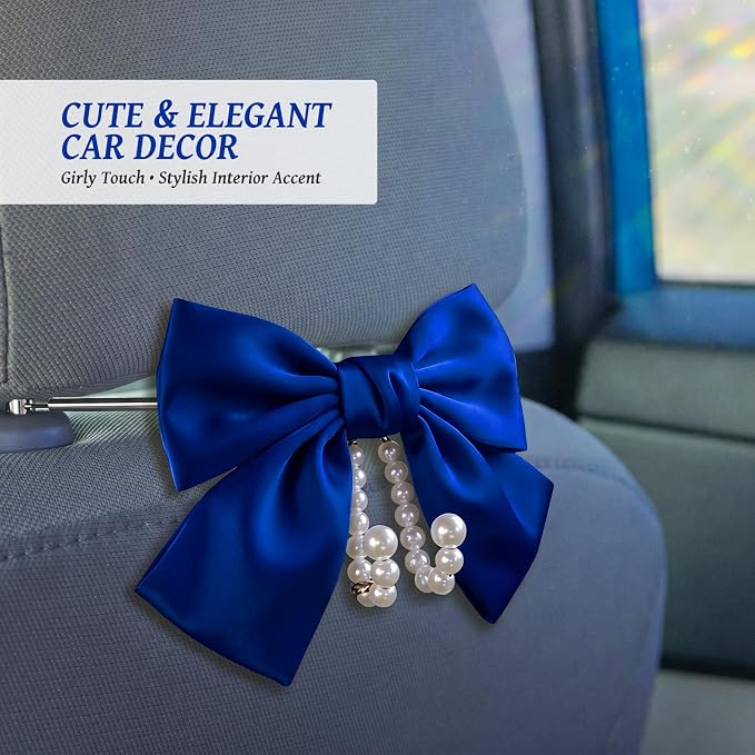 2 PCS Bow Pearl Car Seat Headrest Hook – Cute Purse Hook for Car, Girly Interior Decoration Accessories Hook Hanger, Seatback Holder for Purses & Bags, Elegant Car Organizer (Deep Blue)