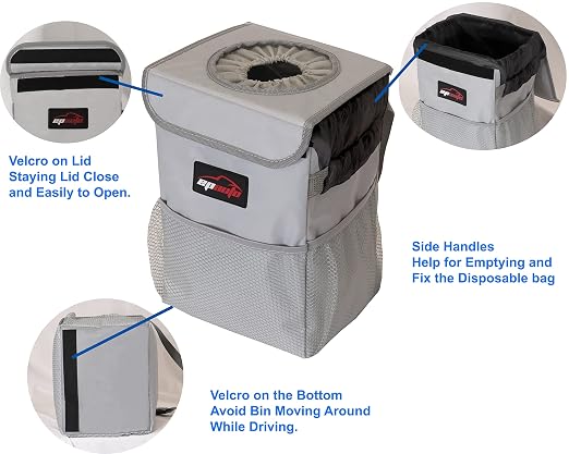 Waterproof Car Trash Can with Lid and Pockets, 2.5 Gal, Gray | Leakproof, Collapsible Multipurpose Car Bin with 3 Side Storage Pockets, Adjustable Straps