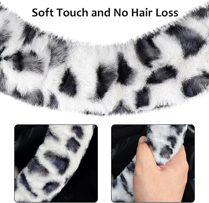 Fuzzy Car Steering Wheel Cover, Universal Fit Fur Auto Wheel Cover & Handbrake Cover & Gear Shift Cover Set, Leopard Winter Warm Fluffy Vehicle Wheel Protector Car Accessories for Men Women