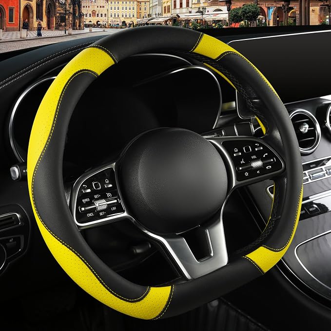 Black Yellow Microfiber Leather D Shaped Steering Wheel Cover | Breathable Anti Slip Grip Cool Sporty Look Glow for Women Men