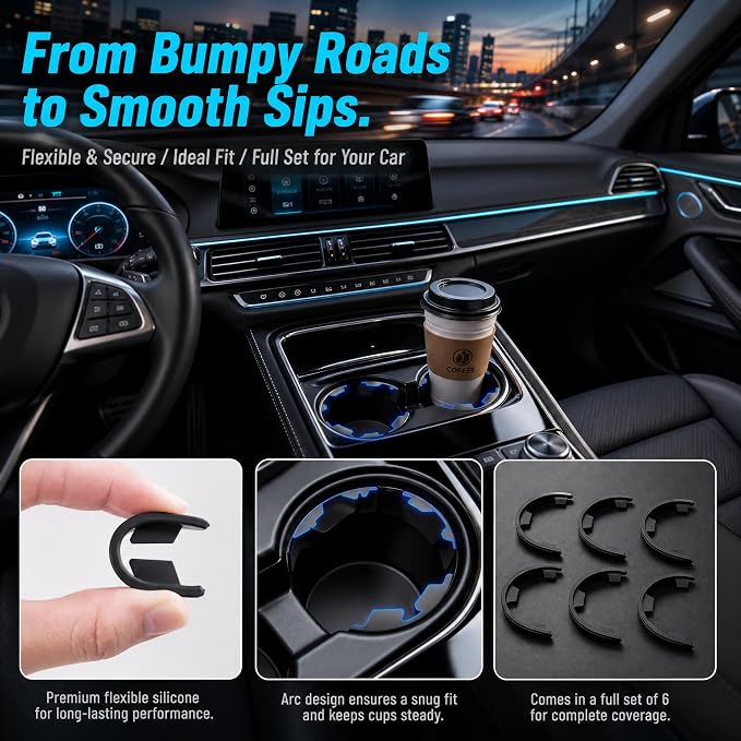 Car Cup Holder Insert 6 Pack, Curved Leaf Cup Holder Expander Anti Slip Pad, Silicone Car Cup Holder for Reducing Vibration and Noise, Fits Round Cup Holders for Most Cars Trucks SUVs