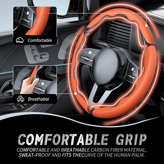 3pcs Car Steering Wheel Cover,Anti-Skid Carbon Fiber Steering Wheel Protector for Men Women,Multiple Color Options,Universal for Most Car Interiors Accessories (Orange 3PCS)