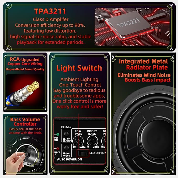 1600W 10" Slim Under Seat Subwoofers with Built-in Amp | LED Ambient Light, Deep Bass, Individual Controls (LPF/Gain/Bass Boost), High Output Distortion-Free Audio, Suitable for All Vehicle Models