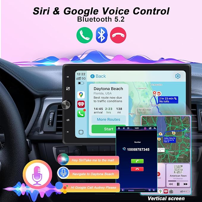 10.4" Rotatable Single Din Car Stereo Touchscreen Radio Wireless CarPlay Android Auto, Bluetooth 5.2 WiFi6 HD 1280 * 800 IPS Display with Backup Camera