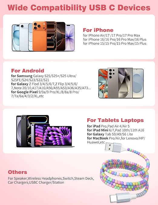 USB A to USB C Cable 2Pack 3FT,Beaded Phone Charger Cord for iPhone 17 16 Pro Max 17e 15 Car play,Type C Cute Car Charger Charging Cord for iPad 10 11th A16/Samsung S26 S25 S24 S23/Android Girls Women