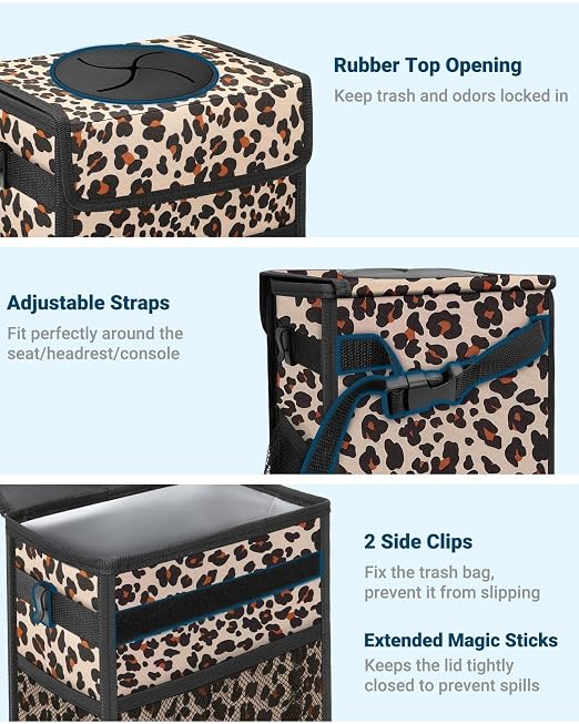 Car Trash Can with Lid, Leakproof Car Trash Bag Hanging Waterproof Automotive Garbage Can with Storage Pockets Mini Vehicle Trash Bin for Back/Front Seat(Leopard,2.5 Gallon)