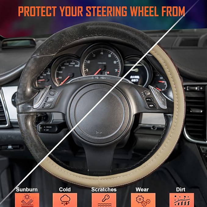 Wood Grain 14.5-15 inch Microfiber Leather Steering Wheel Cover, Anti-Slip Veins Design Steering Wheel Universal Fit for Most Cars, Sedans, SUV， Beige