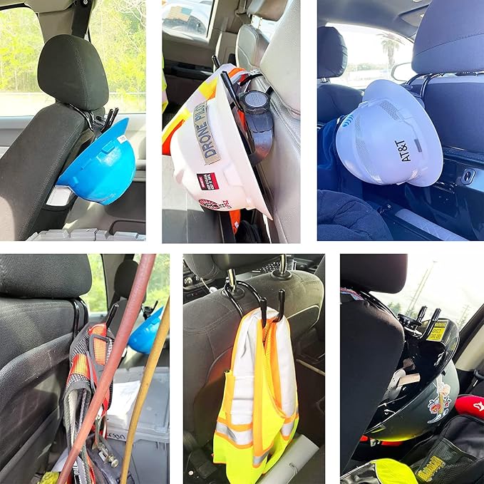 Universal Over The Seat Hard Hat Rack,Hard Hat Holder Back Seat Hanger Headrest Hook - Strong & Flexible - Simple, Easy to Bend into The Needed Shape and Holds Hard hat and Vest with Ease.