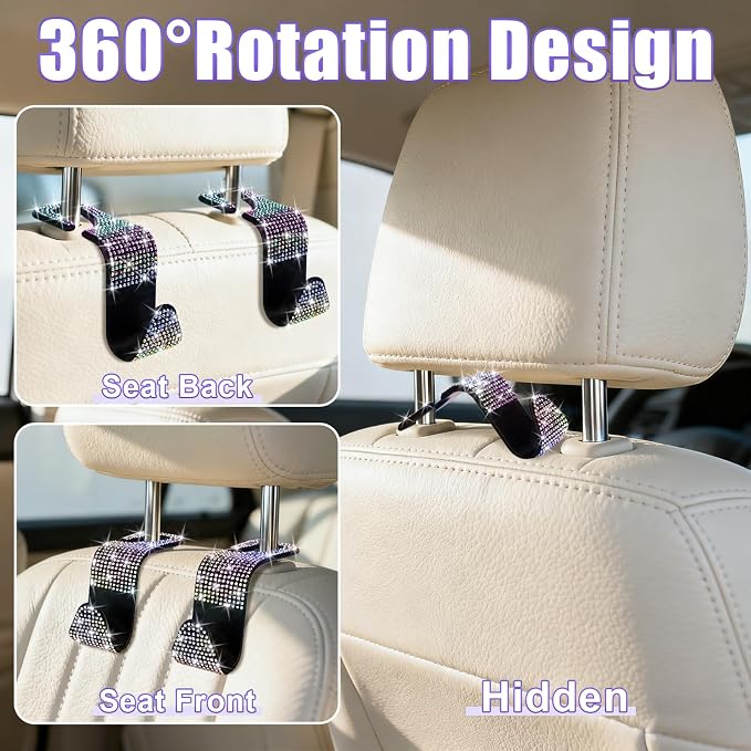 6 Pack Bling Car Seat Headrest Hooks, Bling Car Accessories for Women, Rhinestone Purse Hook for Car, Universal Storage Organizer for Handbag Grocery Bags Coats (Bling Colorful)