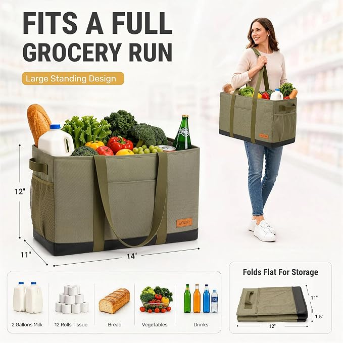 Extra Large Utility Tote Bag - Standing Reusable Grocery Bag with Handle, Collapsible Storage for Shopping, Beach