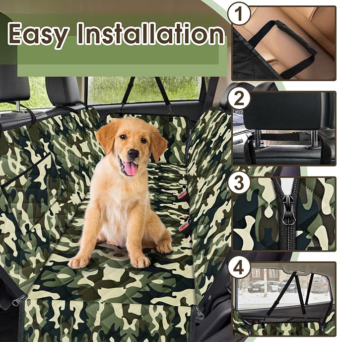 Waterproof Dog Car Seat Cover for Back Seat, Pet Hammock- S, Camouflage | Durable waterproof hammock with nonslip design & storage pockets. Protects seats from scratches, fits cars, SUVs & trucks.