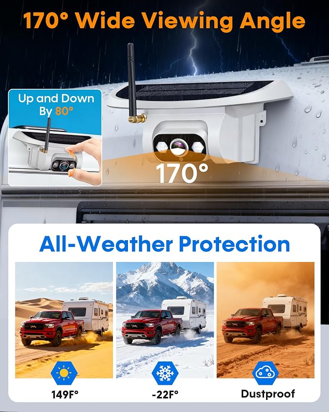 Wireless Backup Camera for Towable-RV: 1-Second Magnetic No Wiring Long Distance Signal for Thor/Forest River Series RVs - 7.3" Recording Monitor HD 1080P Auto Sleep Solar RV Backup Camera