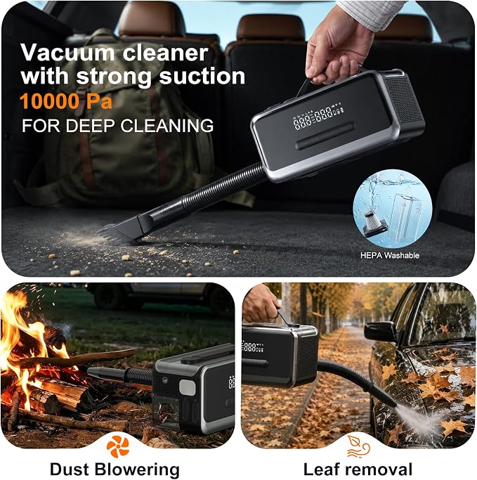 Tire Inflator Portable Air Compressor with Jump Starter, Air Pump for Car | Faster Inflation 35L/min,Auto Shut-Off,Cordless,Vacuum and Blower Functions,for Pickup Truck,Bike,Motorcycle and Balls