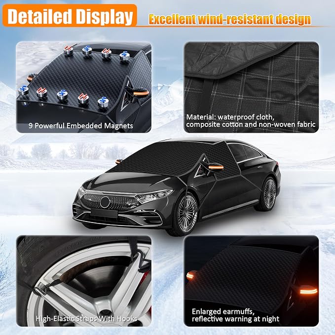 Car Windshield Snow Ice Cover with Side Mirror Covers, Windshield Snow Ice Cover with Magnetic Edges Used for Snow Protection, Rain and Sun, Fits for Most Cars, SUV(61"x47")
