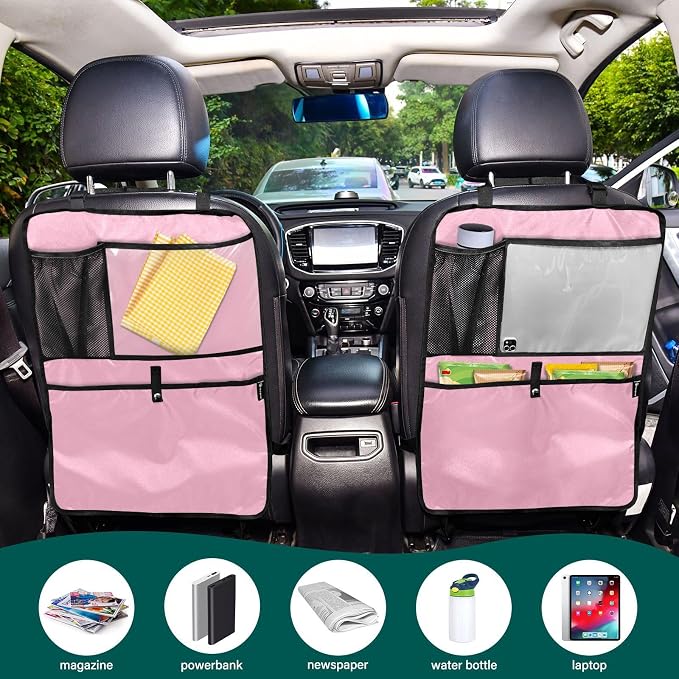 Pink Car Seat Organizer for Kids Backseat Kick Mat with Adjustable Strap Back Seat Protectors for Vehicle SUV Car 2 Pcs