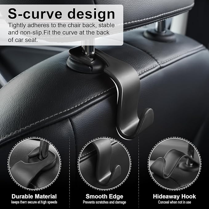 Car Seat Headrest Hook, Auto Seat Hook Hangers Storage Organizer Interior Accessories for Purse Coats Umbrellas Grocery Bags Handbag, 4-Pack