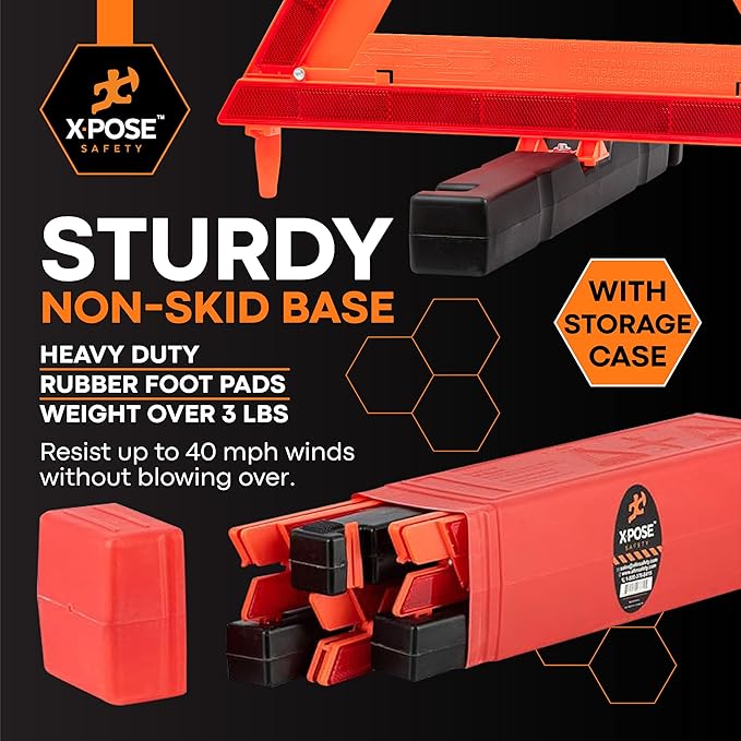 Reflective Emergency Triangles – 1 Kit (3 Triangles) – DOT Approved Roadside Car Safety Warning Reflectors – Red & Orange Automotive Vehicle Hazard Visibility Markers
