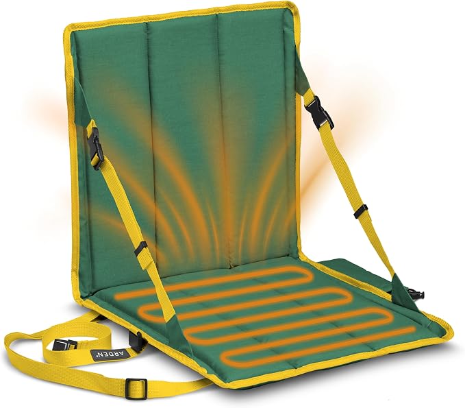 Heated Stadium Seat, Foldable, Lightweight with Carrying Strap, Foam Cushion for Comfort, Adjustable, Back Support, Multi-Functional Use As Stadium Seat or Seat Pad, Green/Yellow