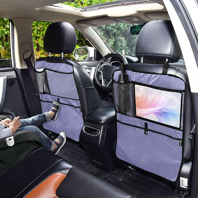 Purple Car Seat Organizer for Kids Backseat Kick Mat with Adjustable Strap Seat Back Covers for Vehicle Car SUV 2 Pcs
