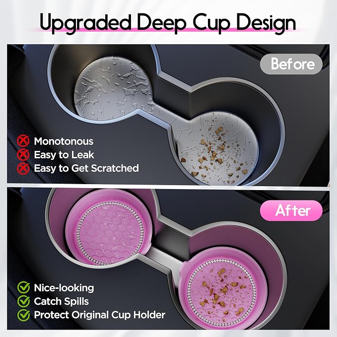 Car Cup Coaster Universal Non-Slip Cup Holders Bling Crystal Rhinestone Car Interior Accessories 2 Pack Pink
