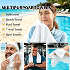 White Dual-Sided Microfiber Bath Towel, 2 Pack 48"x24" Ultra Absorbent Quick Dry Pool Towel, Exfoliating Body Cloth for Dead Skin & Sunscreen Removal, Lint-Free Reusable Shower Towel for Pool, Beach