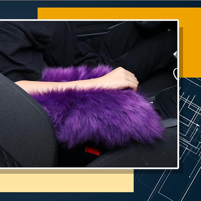 Furry Armrest Cover Auto Center Console Cover Car Soft Console Pad, Real Sheepskin Wool Soft Fluffy Auto Center Armrest Pad for Most Car Decoration Protector(Purple)