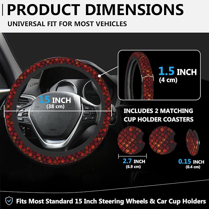 Red Dragon Scales Steering Wheel Cover for Women, Anti-Slip Car Steering Wheel Cover with 2 Pcs Cup Holders Neoprene Breathable Car Accessories Universal 15 Inch Auto Interior Decor