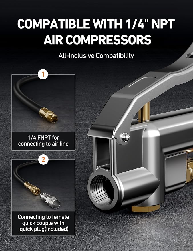 25.6'' Heavy-Duty Tire Pressure Gauge with Inflator, Dual Head Chuck ANSI B40.1 Accurate Tire Inflator with Pressure Gauge, 10-120PSI, Compatible with 1/4" NPT Air Compressor
