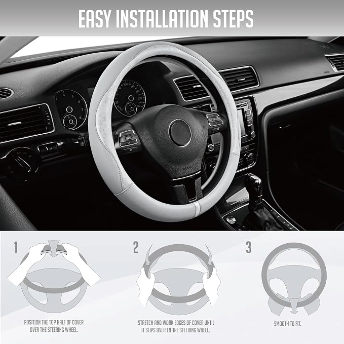 Steering Wheel Cover, Silver Patterned Leather Patchwork Design, Universal Fit 14.5"–15.5", Anti-Slip, Odor-Free, Soft PU Grain Leather, Durable Grip Car Accessory for Girls & Women